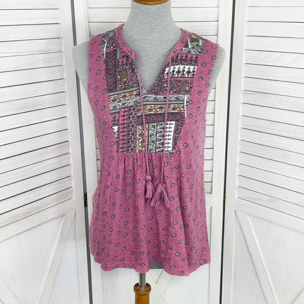 Loft Boho Printed Tassel Neck Sleeveless Tank Top Shirt Pink XS